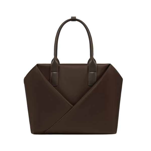 Lux & Nyx espresso handbag with a geometric V-shaped envelope front panel and dual top handles.