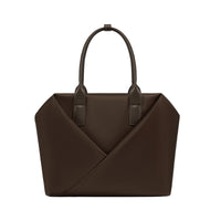 Lux & Nyx espresso handbag with a geometric V-shaped envelope front panel and dual top handles.
