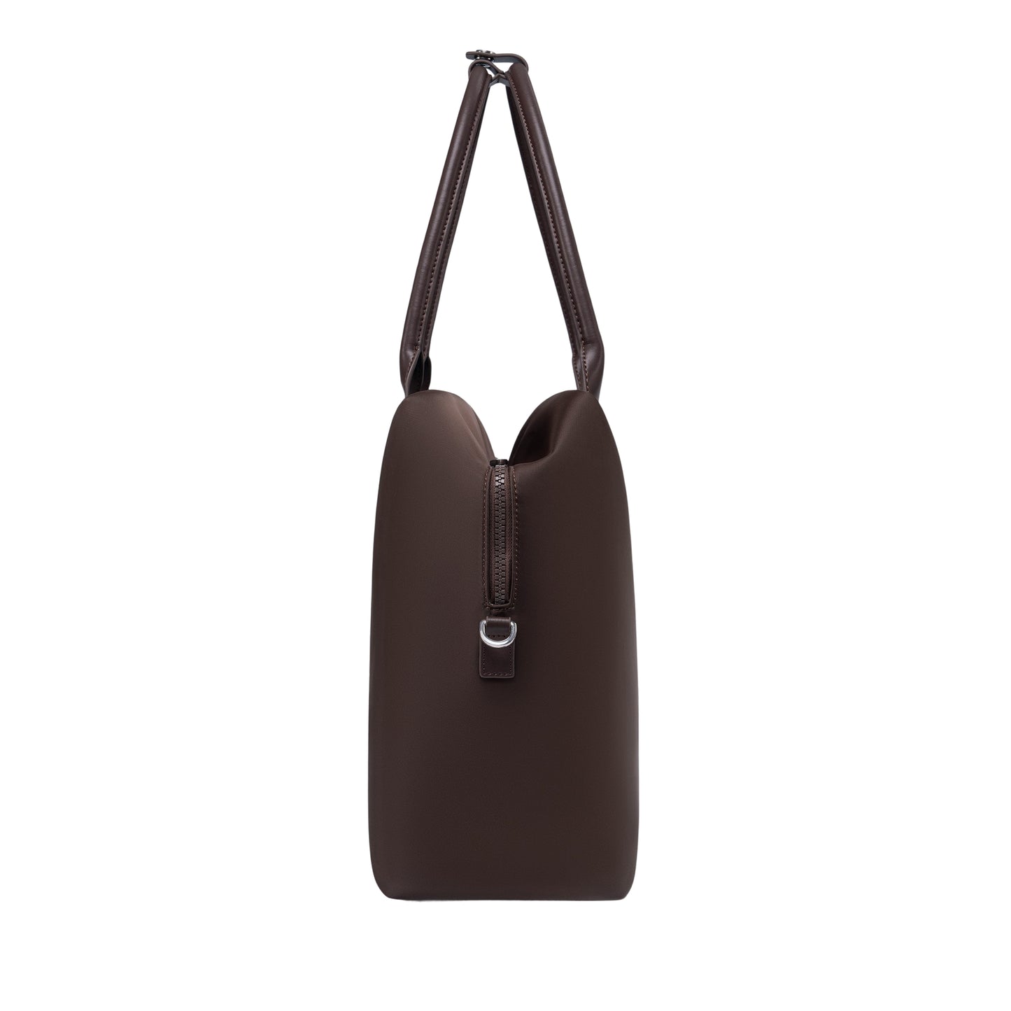 Side profile of an espresso origami handbag highlighting its slim depth, arched top handles, and clasp closure.
