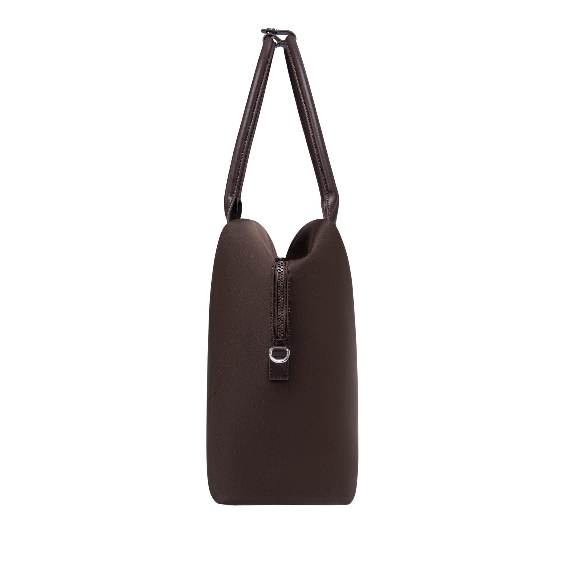 Side profile of an espresso origami handbag highlighting its slim depth, arched top handles, and clasp closure.
