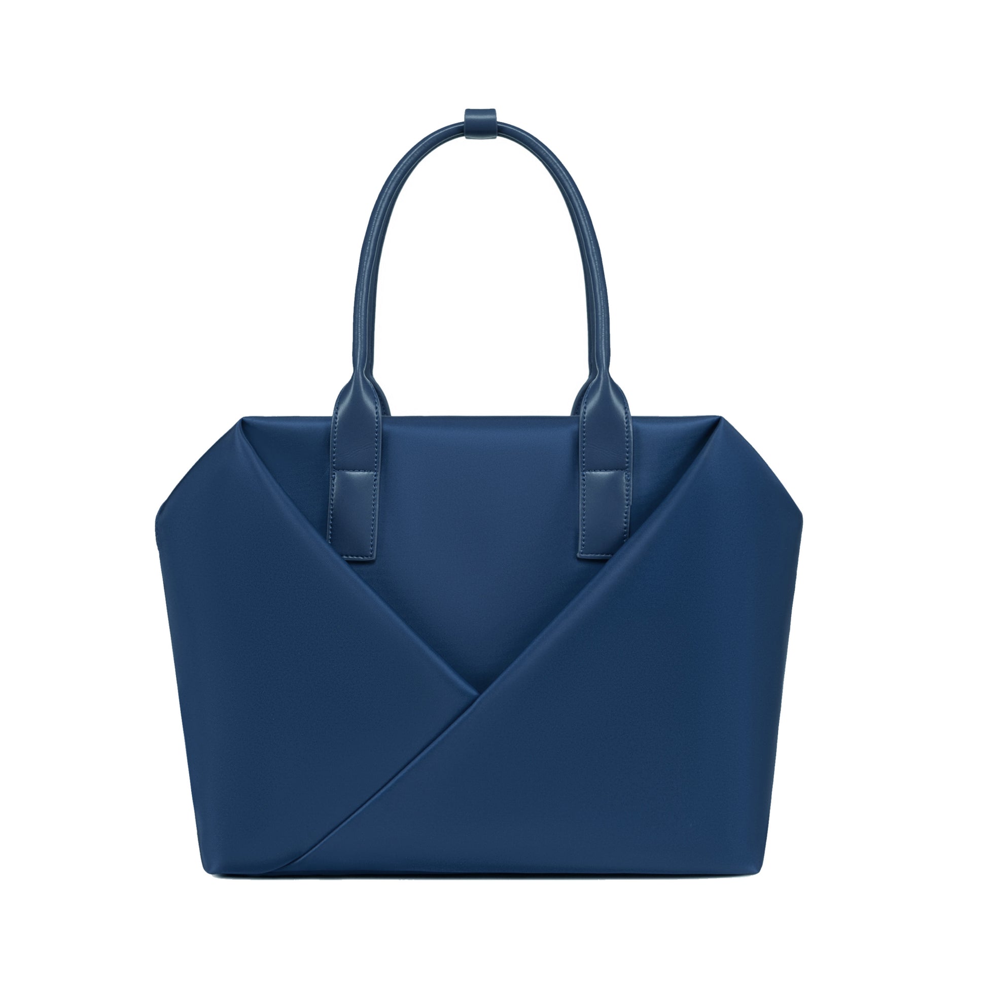 Lux & Nyx navy blue handbag with a geometric V-shaped envelope front panel and dual top handles.