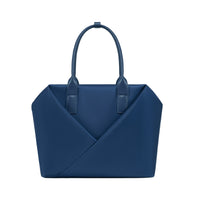 Lux & Nyx navy blue handbag with a geometric V-shaped envelope front panel and dual top handles.