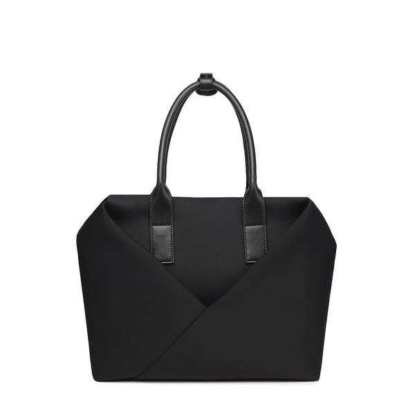 Lux & Nyx black handbag with a geometric V-shaped envelope front panel and dual top handles.