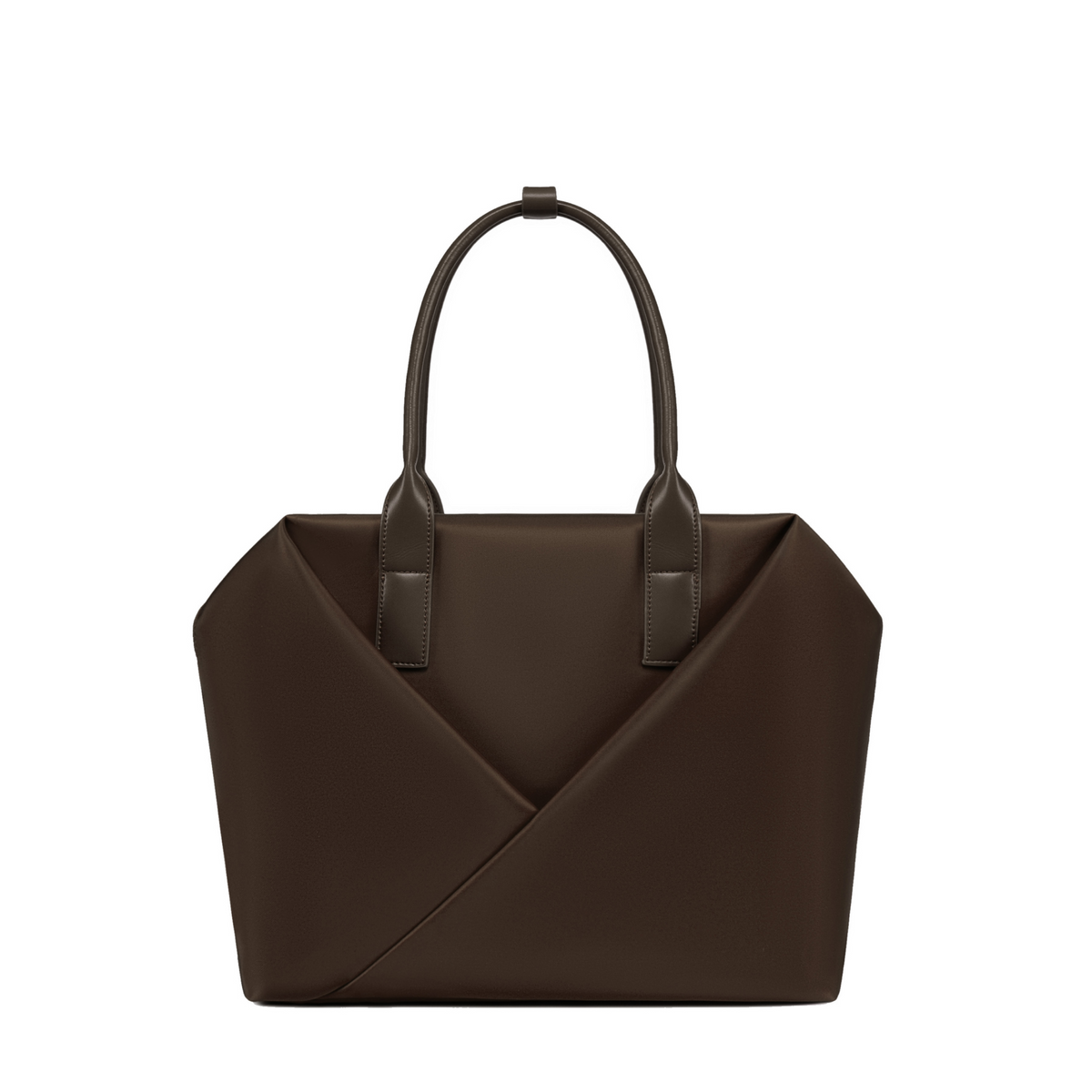 Lux & Nyx black handbag with a geometric V-shaped envelope front panel and dual top handles.
