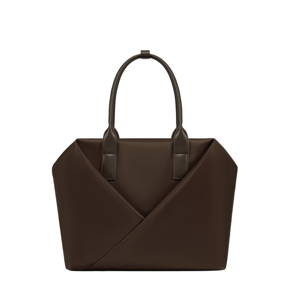 Lux & Nyx black handbag with a geometric V-shaped envelope front panel and dual top handles.