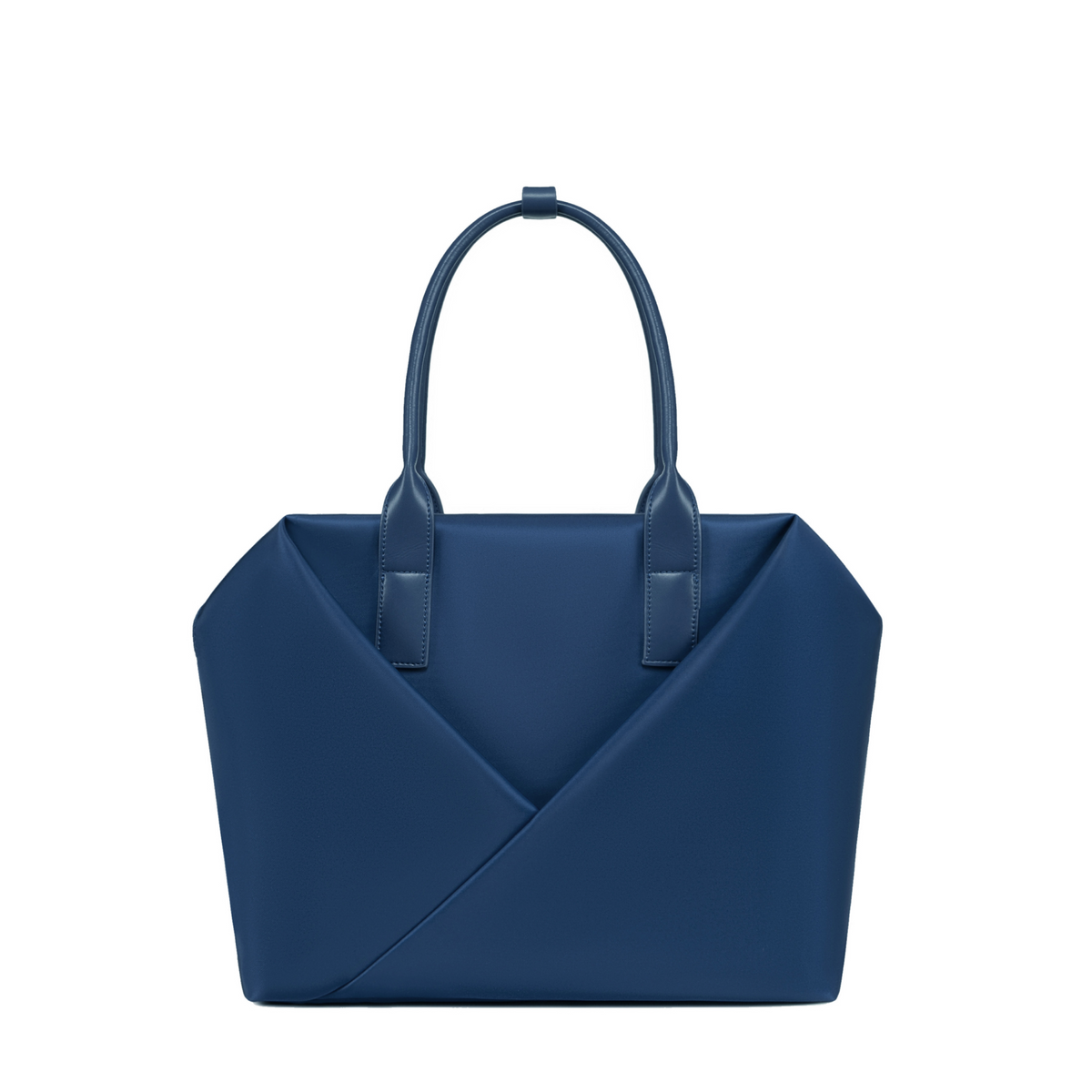 Lux & Nyx Navy handbag with a geometric V-shaped envelope front panel and dual top handles.