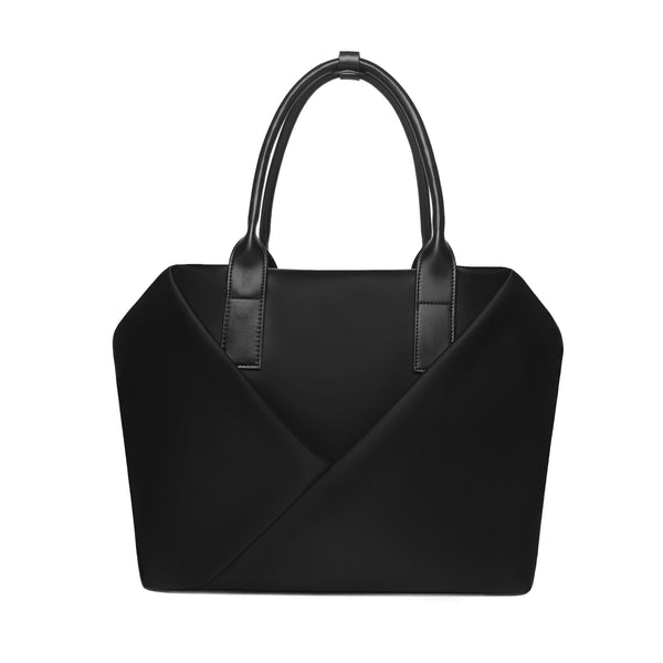 Lux & Nyx black handbag with a geometric V-shaped envelope front panel and dual top handles.