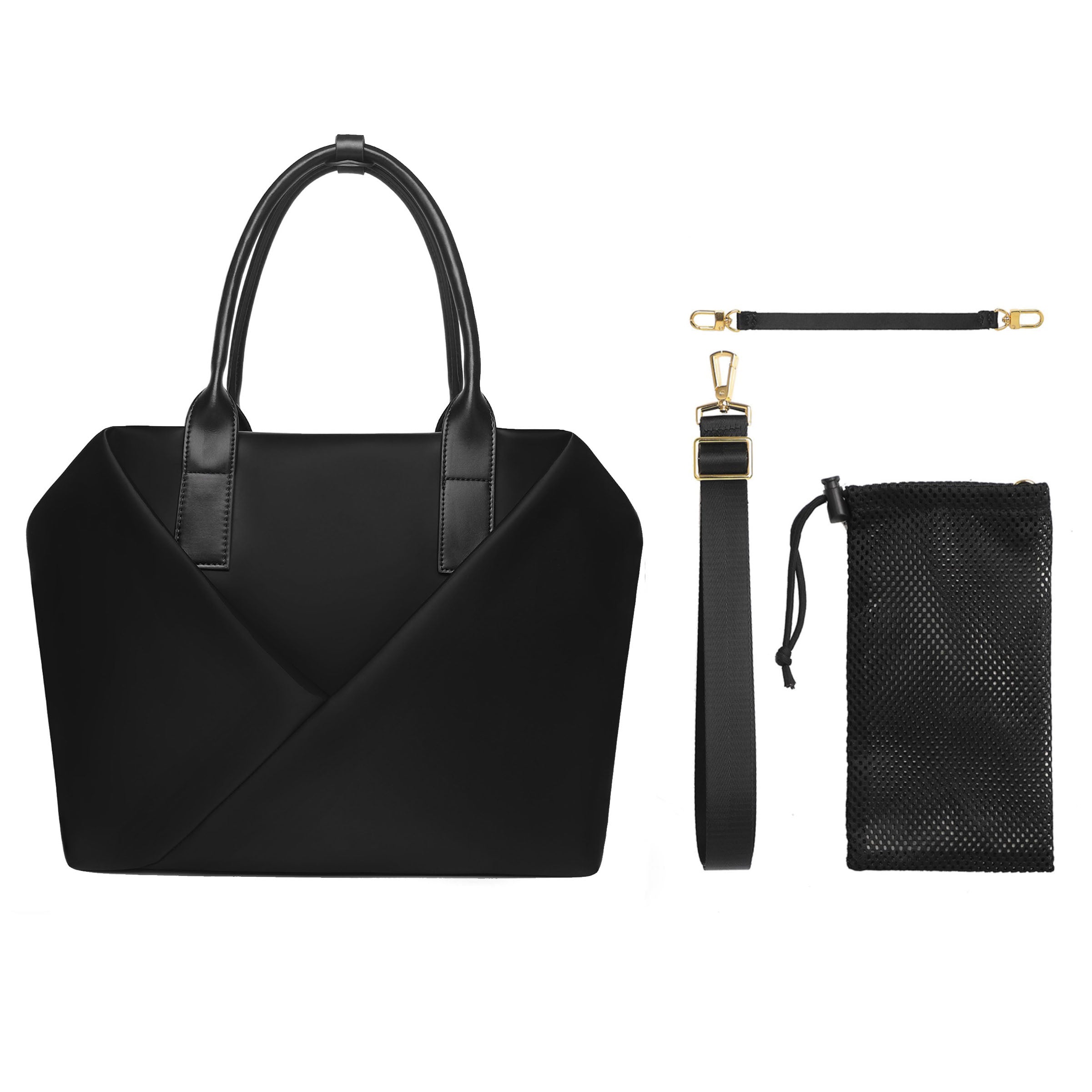 Lux & Nyx Large Origami Tote Ultra Matte - 15" Laptop Tote With Luggage Sleeve - Black - Tote With Inclusions, Detachable Crossbody Strap, Water Bottle Holder Pouch, Key Strap or Water Bottle Holder Strap