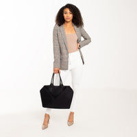 Lux & Nyx Large Origami Tote Ultra Matte- 15" Laptop Tote With Luggage Sleeve - Black - Professional Woman Holding The Origami Tote