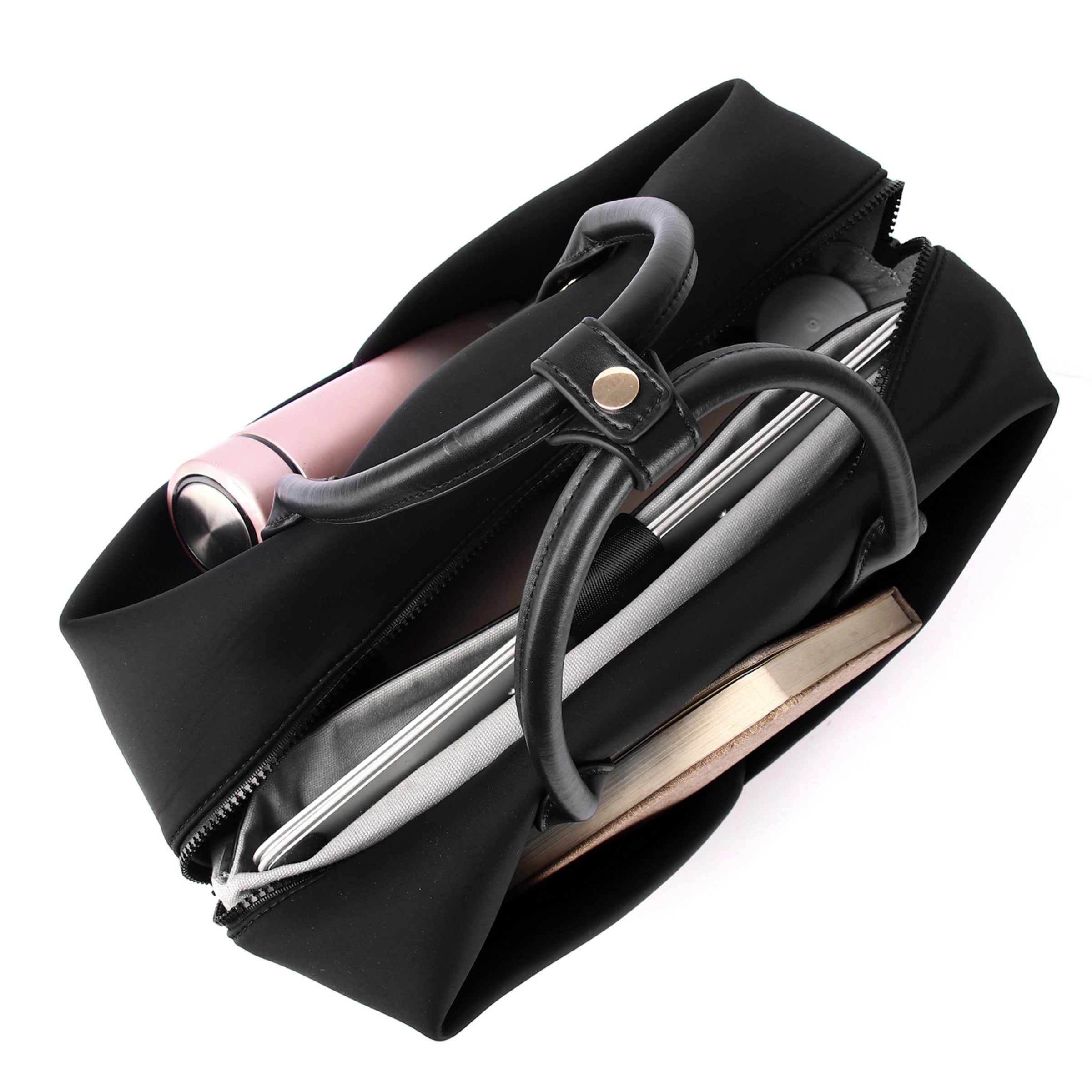 Lux & Nyx Large Origami Tote Ultra Matte - 15" Laptop Tote With Luggage Sleeve - Black - View of Internal Compartments with Tote Contents