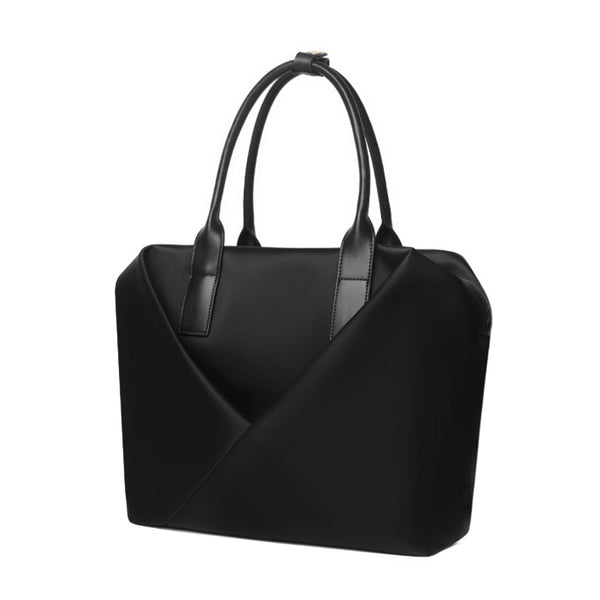 Angled view of a top-handle black satchel silhouette with front V-seam detail.