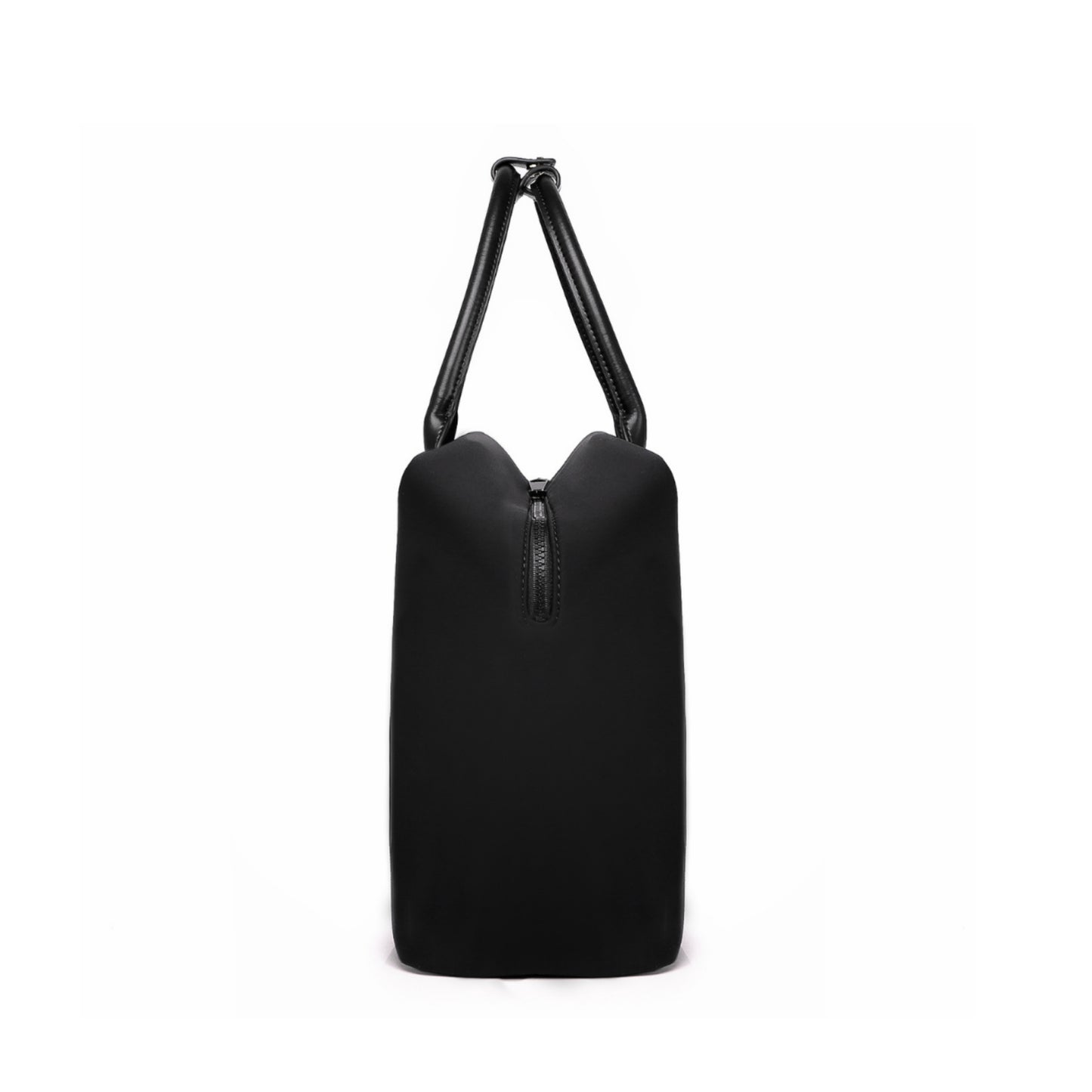 Side profile of a black origami handbag highlighting its slim depth, arched top handles, and clasp closure.
