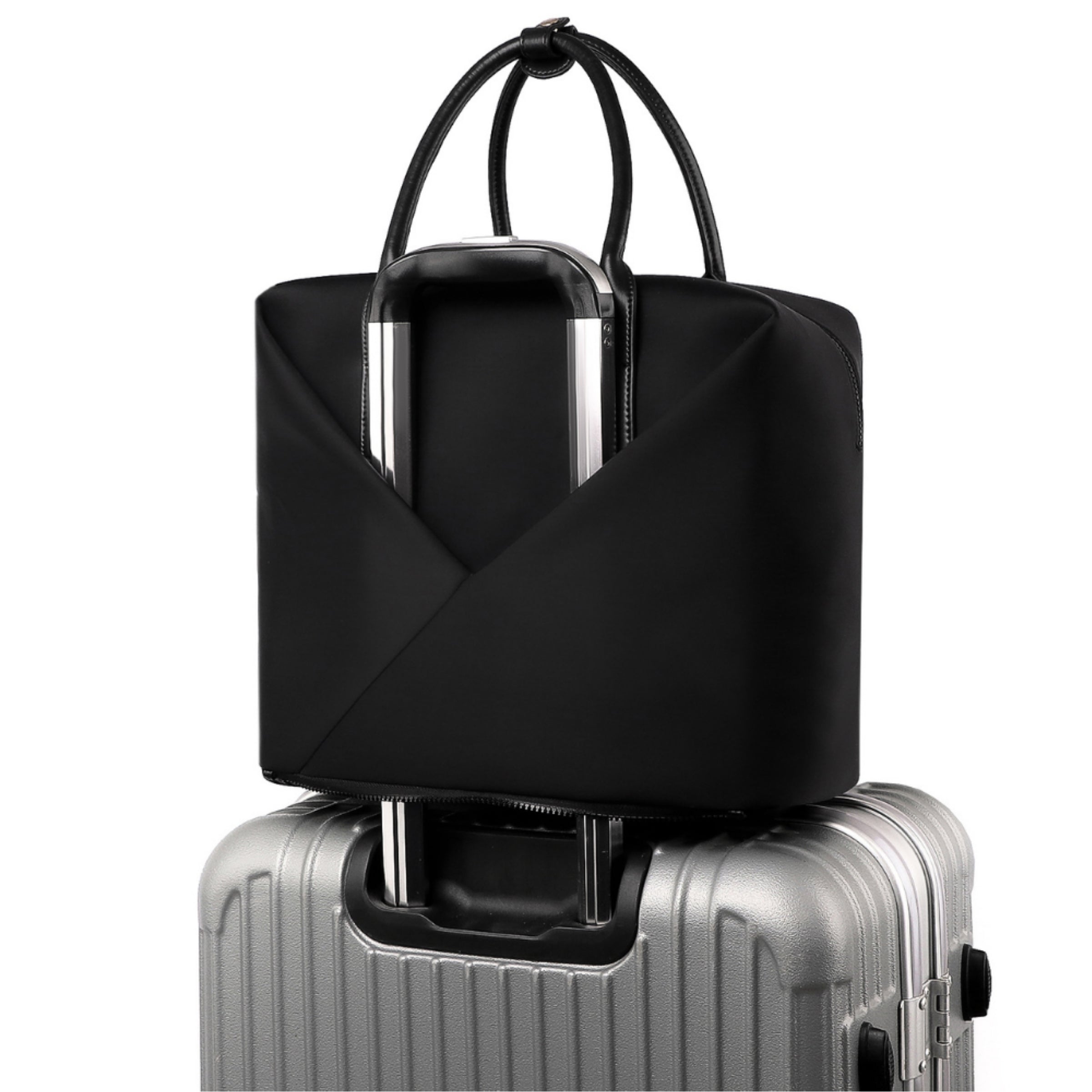 Lux & Nyx Large Origami Tote Ultra Matte - 15" Laptop Tote With Luggage Sleeve - Black - Tote Slipped Onto Luggage Trolley