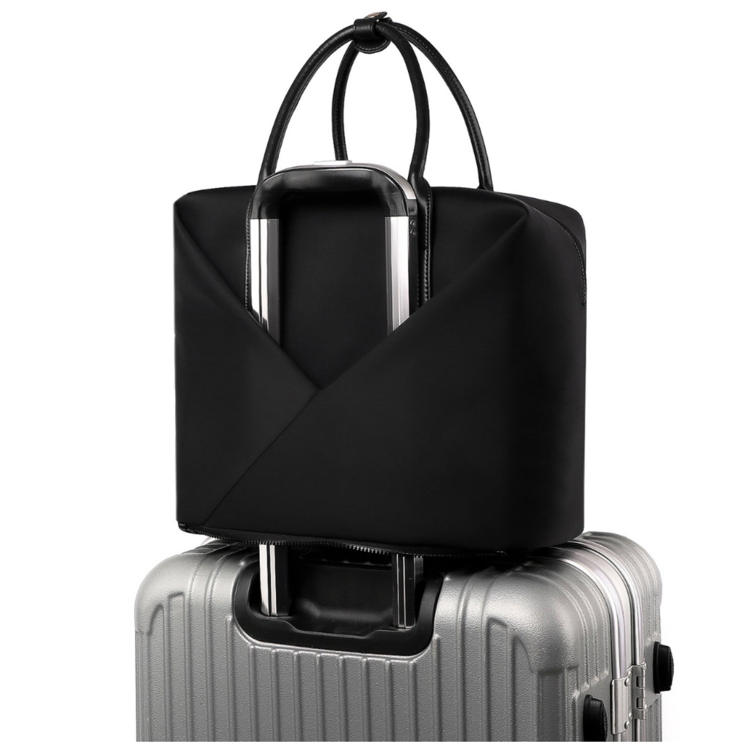 Lux & Nyx Large Origami Tote Ultra Matte - 15" Laptop Tote With Luggage Sleeve - Black + Gold Hardware - Tote Slipped Onto Luggage Trolley