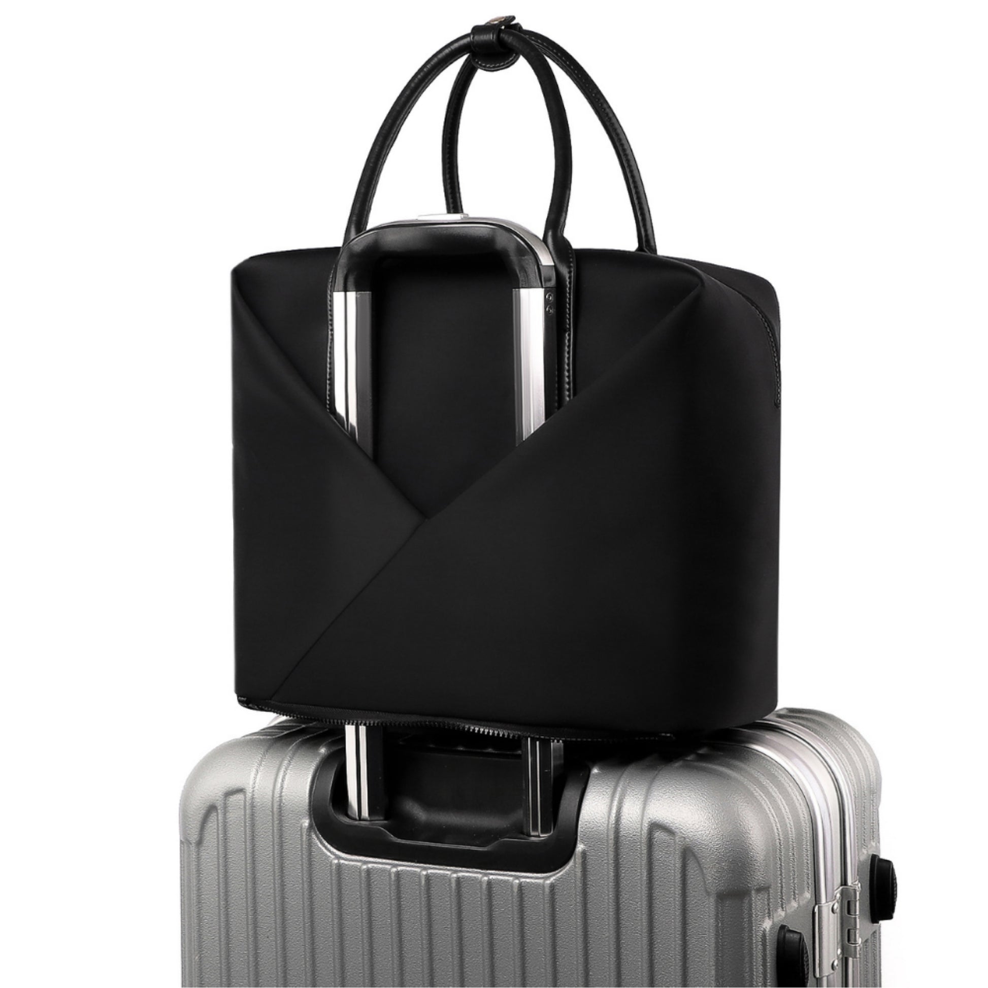 Lux & Nyx Large Origami Tote Ultra Matte - 15" Laptop Tote With Luggage Sleeve - Black + Gold Hardware - Tote Slipped Onto Luggage Trolley