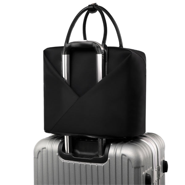 Lux & Nyx Large Origami Tote Ultra Matte - 15" Laptop Tote With Luggage Sleeve - Black + Gold Hardware - Tote Slipped Onto Luggage Trolley