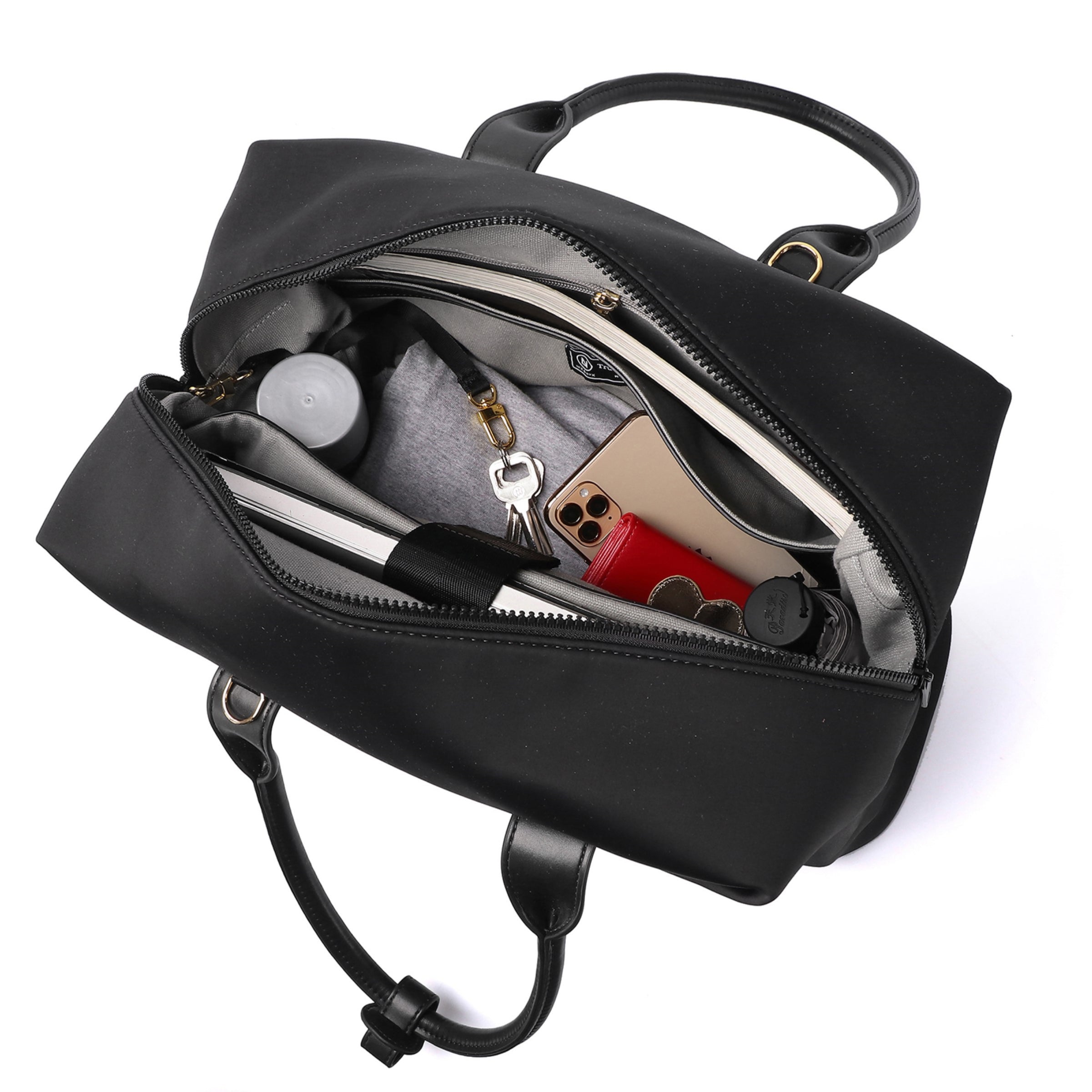 Lux & Nyx Large Origami Tote Ultra Matte - 15" Laptop Tote With Luggage Sleeve - Black - View of Internal Compartments with Tote Contents