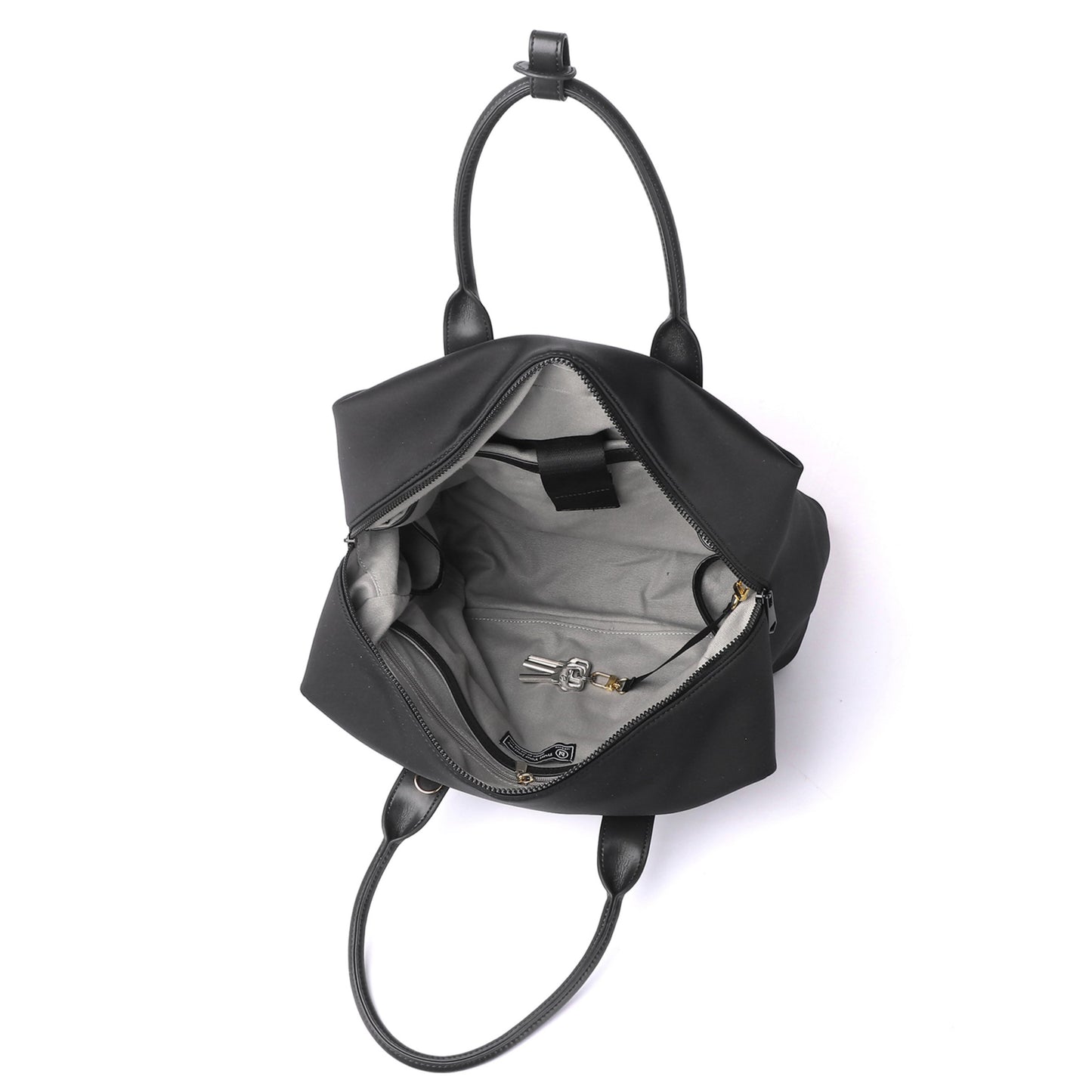 Lux & Nyx Large Origami Tote Ultra Matte - 15" Laptop Tote With Luggage Sleeve - Black + Gold Hardware - View of Internal Compartments