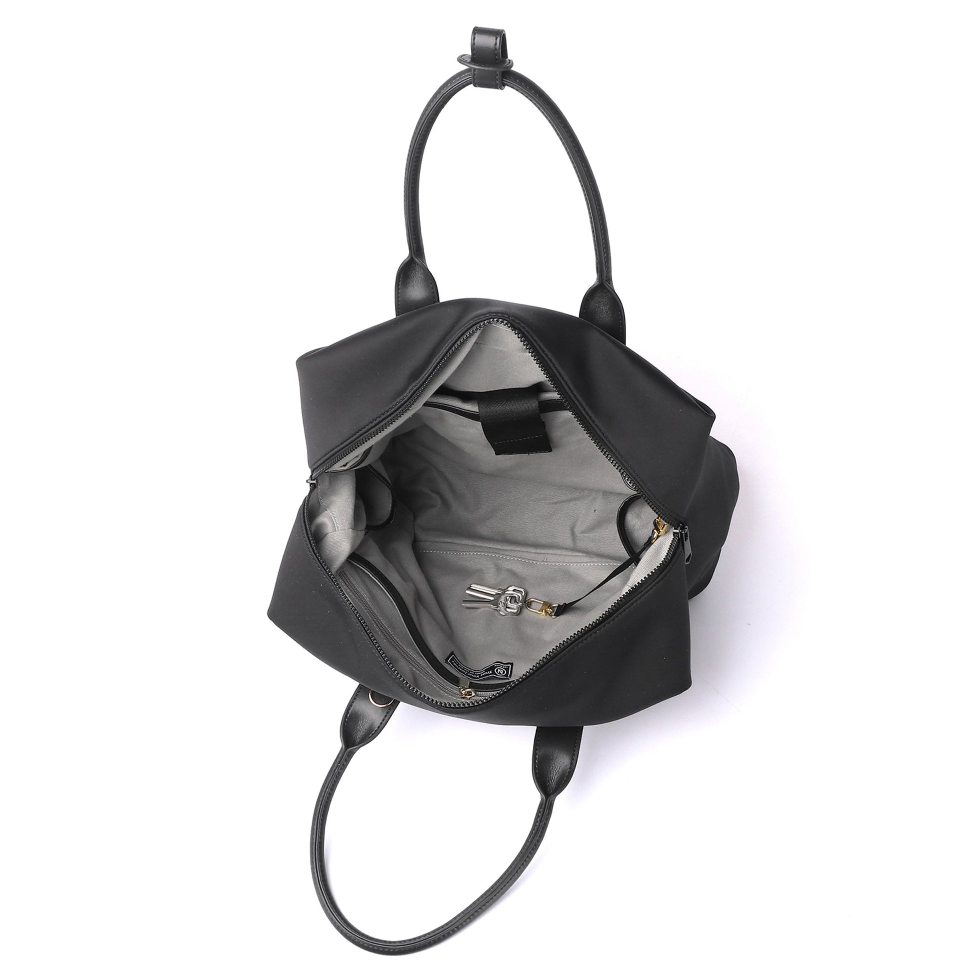 Lux & Nyx Large Origami Tote Ultra Matte - 15" Laptop Tote With Luggage Sleeve - Black + Gold Hardware - View of Internal Compartments