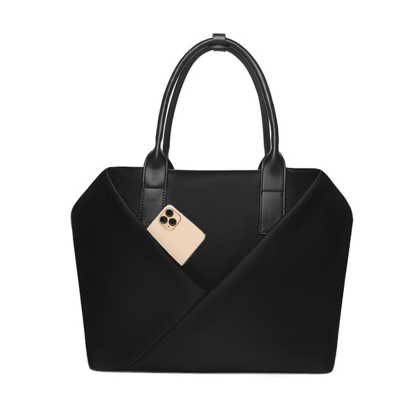 Lux & Nyx Large Origami Tote Ultra Matte - 15" Laptop Tote With Luggage Sleeve - Black + Gold Hardware - Tote With Cellphone Stored Inside The Hidden External Zipped Phone Pocket