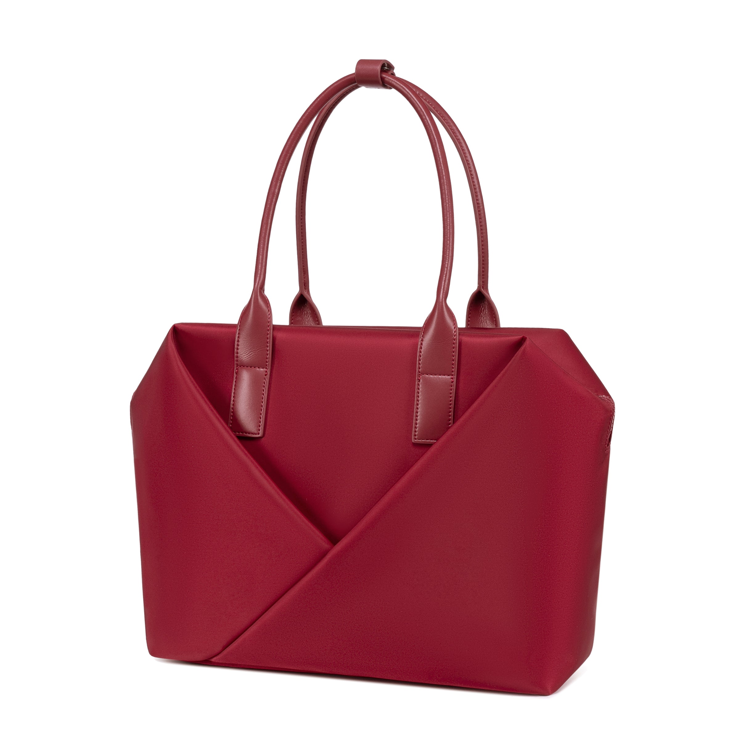 Lux & Nyx Large Origami Tote Ultra Matte - 15" Laptop Tote With Luggage Sleeve - Crimson Red - Quarter View