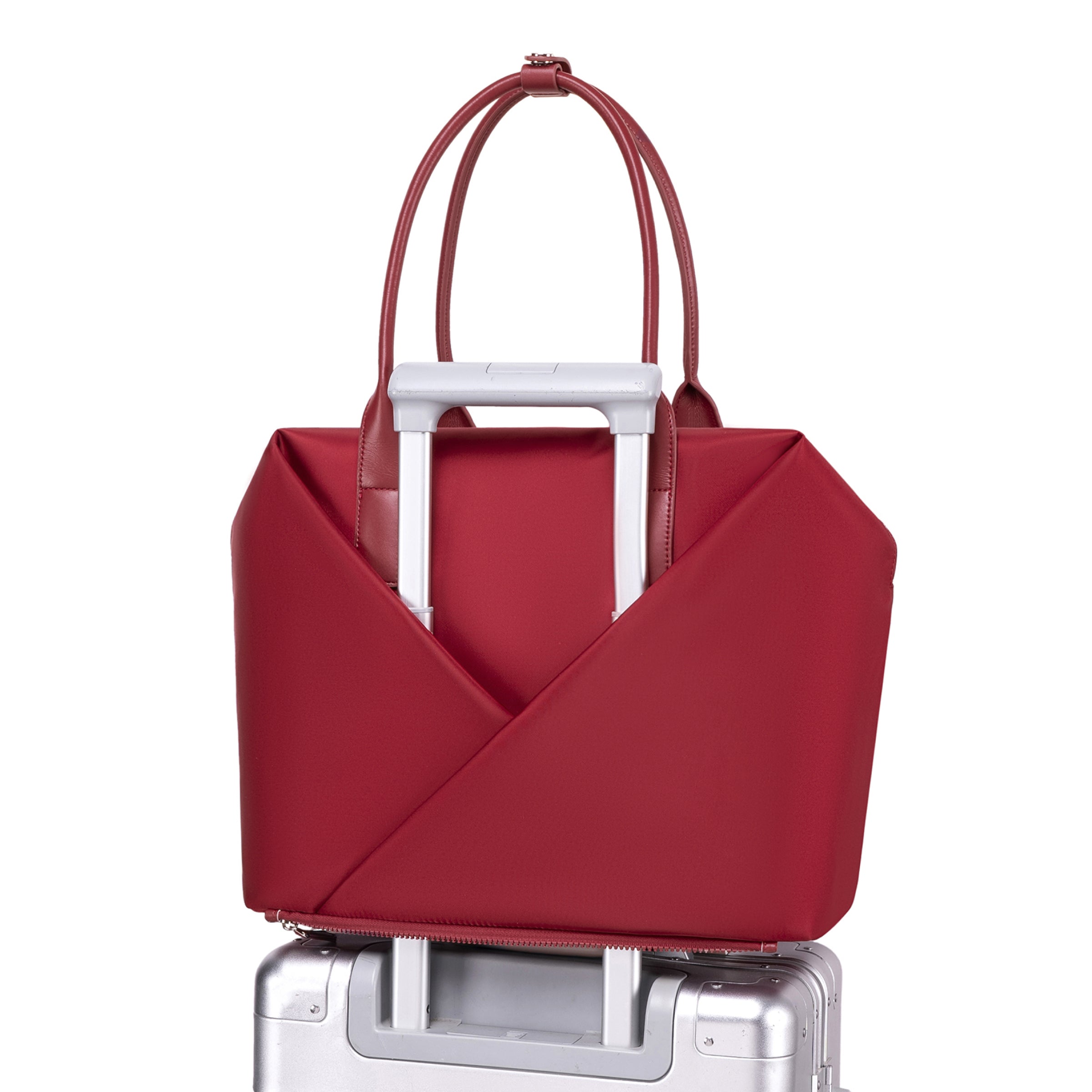 Lux & Nyx Large Origami Tote Ultra Matte - 15" Laptop Tote With Luggage Sleeve - Crimson Red - Tote Slipped Onto Luggage Trolley