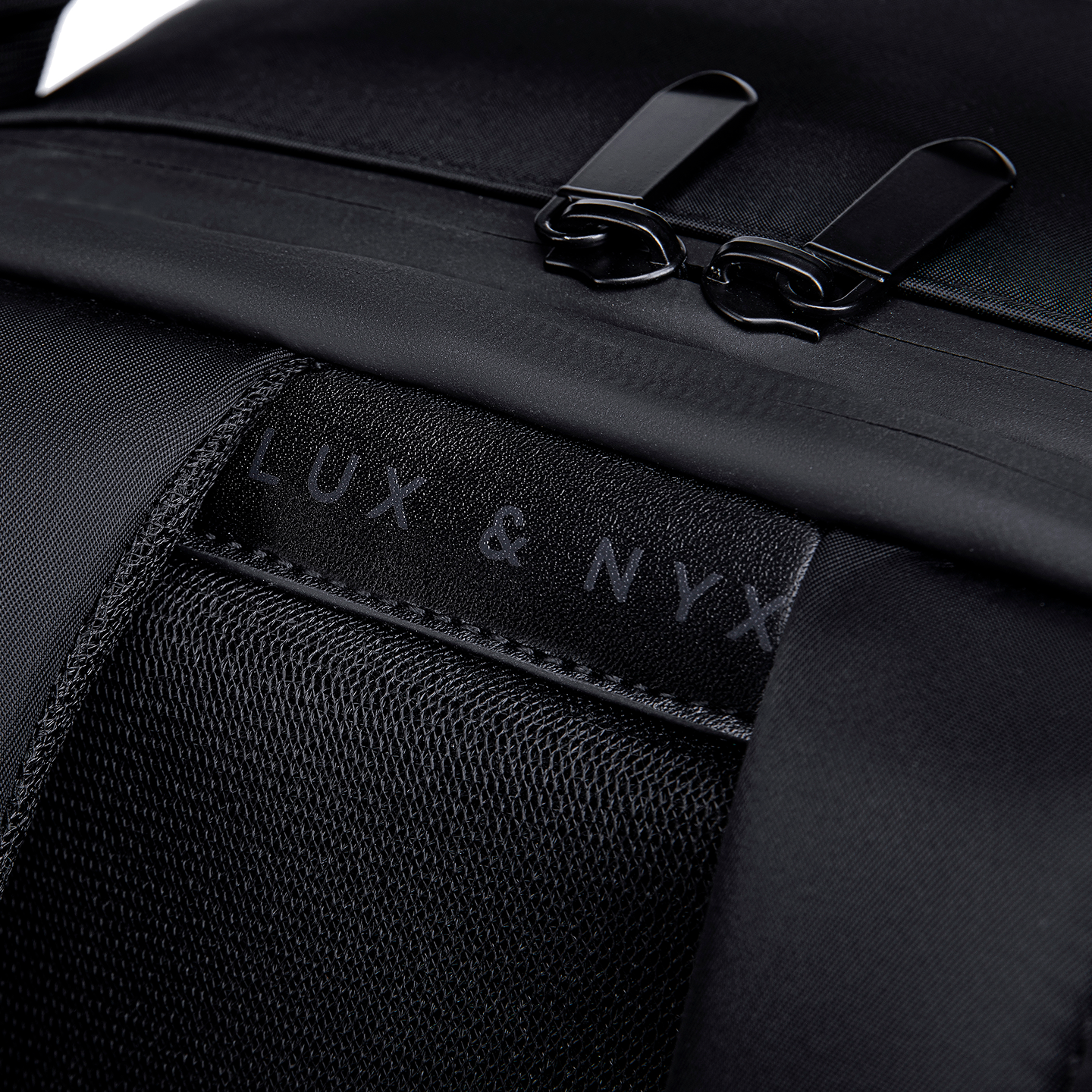 Close-up of a black backpack with 