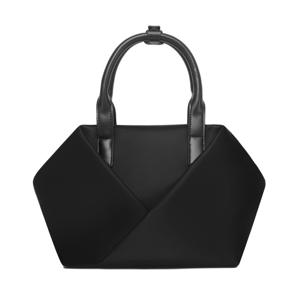 Front  view of a  Mid Origami handbag, Available in black with silver hardware.