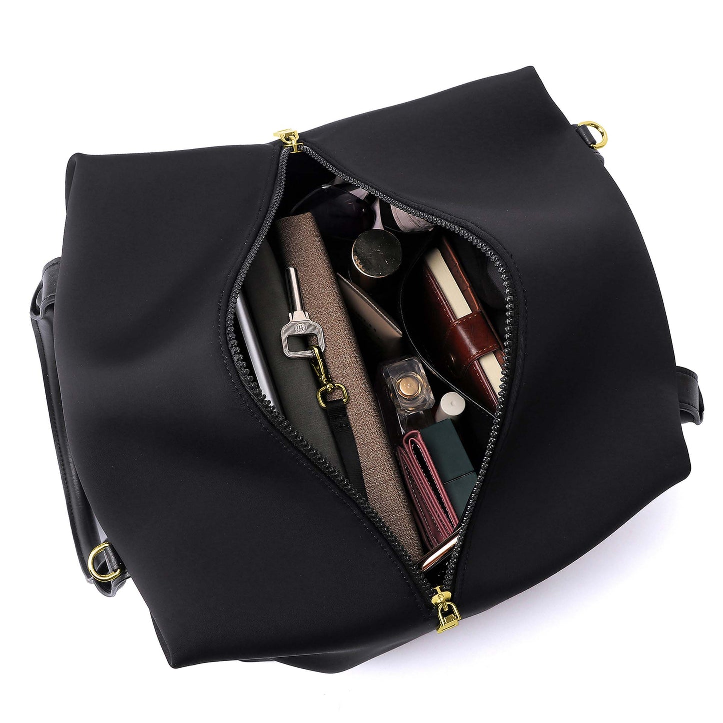 Top view of a Mid Origami handbag displayed with the chain extended to showcase materials, available in black with gold hardware