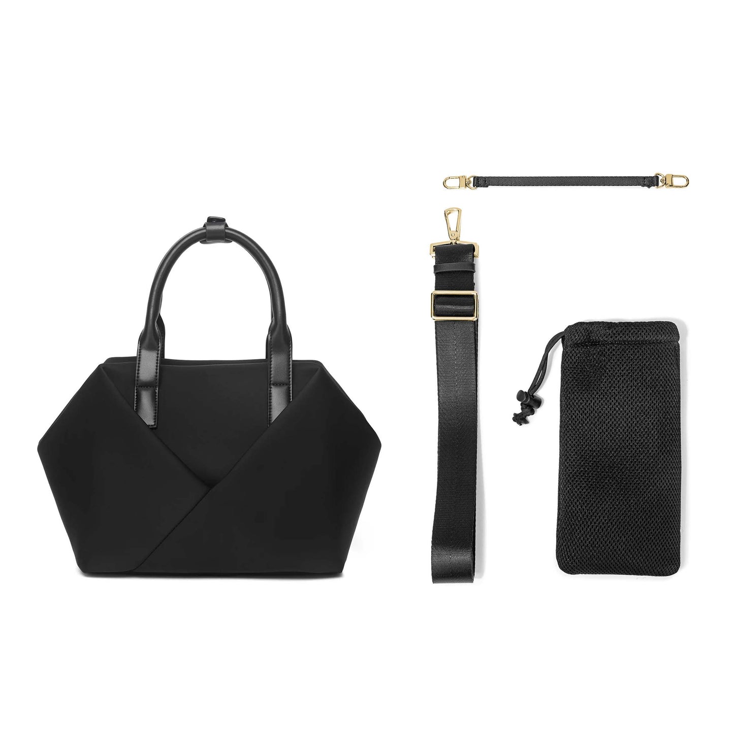 Mid Origami handbag with top handles shown alongside detachable straps and a drawstring pouch accessory available in black with gold hardware