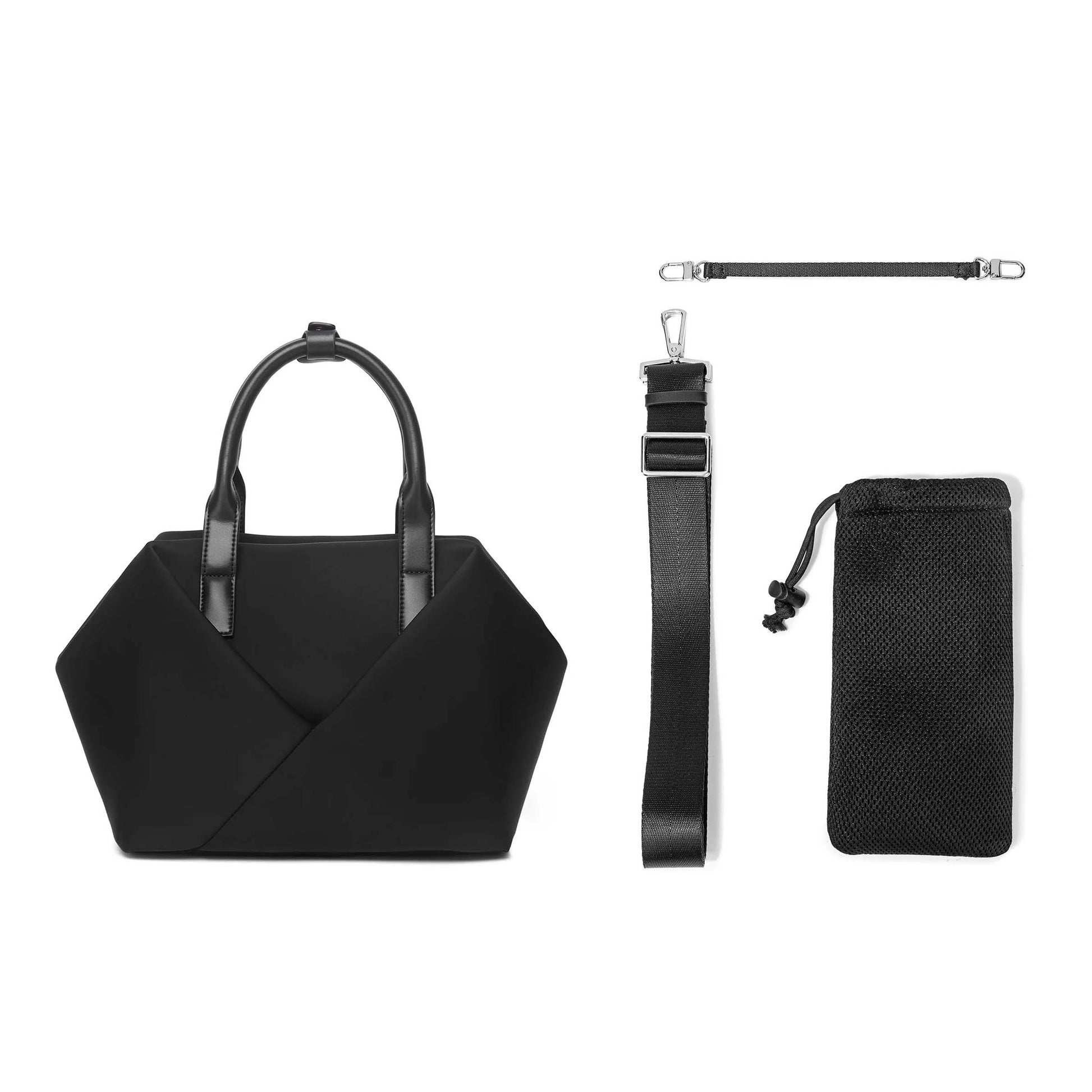 Mid Origami handbag with top handles shown alongside detachable straps and a drawstring pouch accessory available in black with silver hardware color