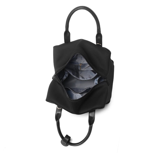A Black + Gold Hardware handbag top view image.