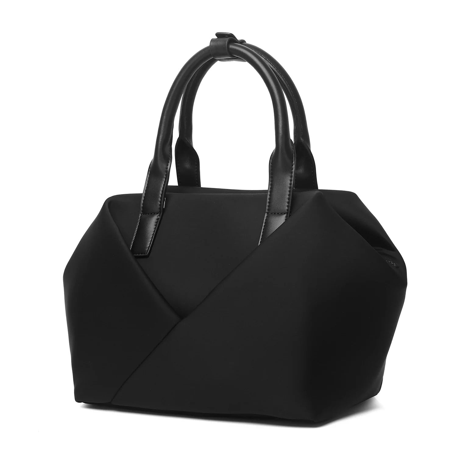 Corner view of a  Mid Origami handbag, Available in black with gold hardware.