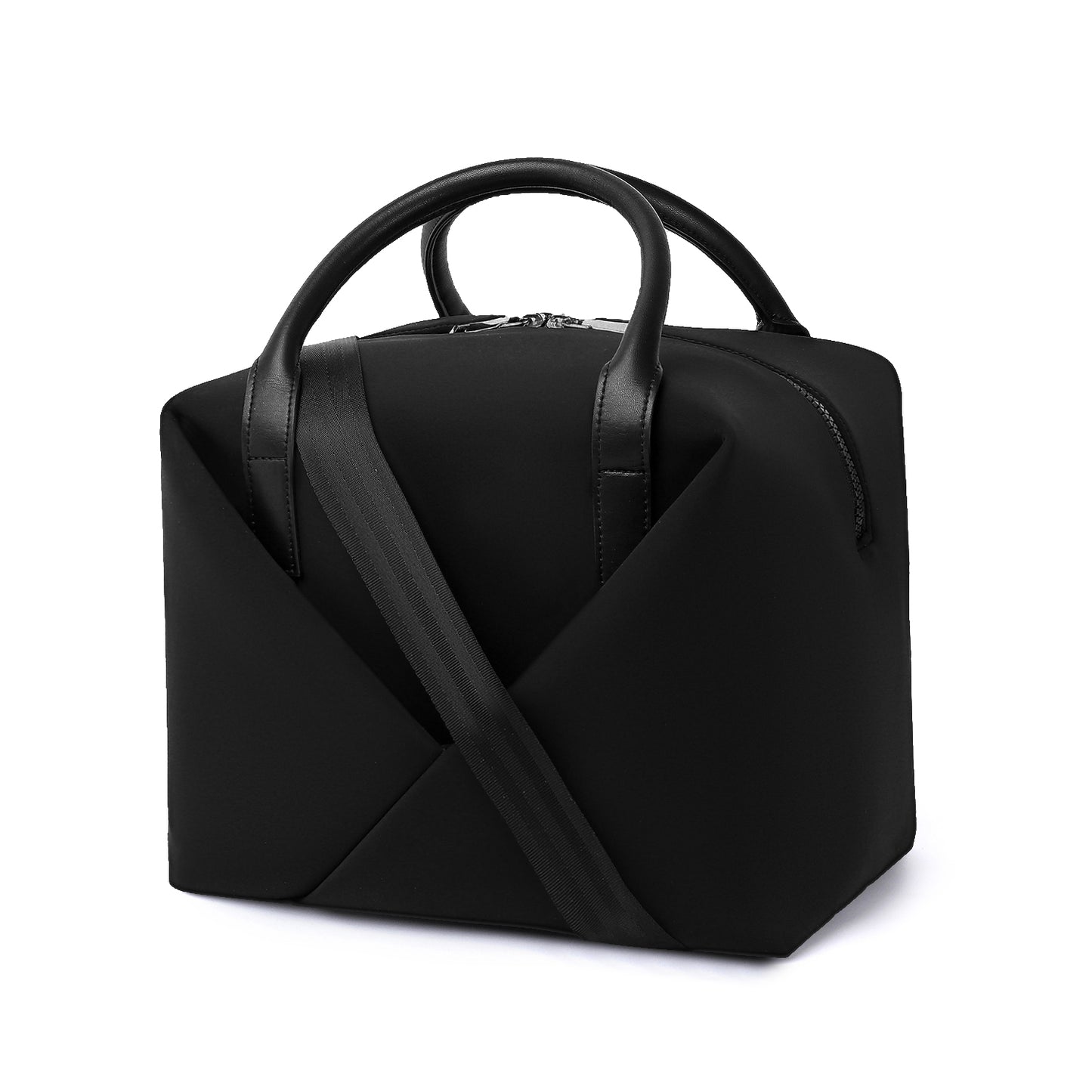 Corner view of a  Mid Origami handbag, Available in black with gold hardware.