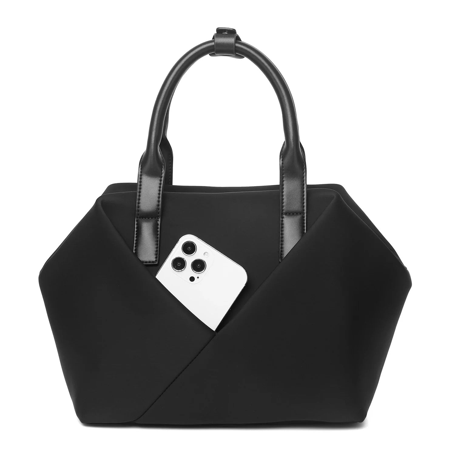 Mid Origami handbag while placing items mobile inside, showcasing the side structured in black with black with gold hardware.