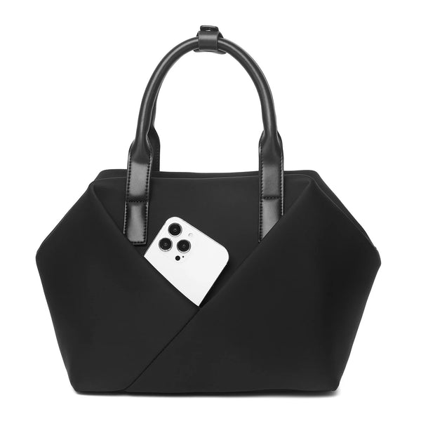 Mid Origami handbag while placing items mobile inside, showcasing the side structured in black with black with gold hardware.