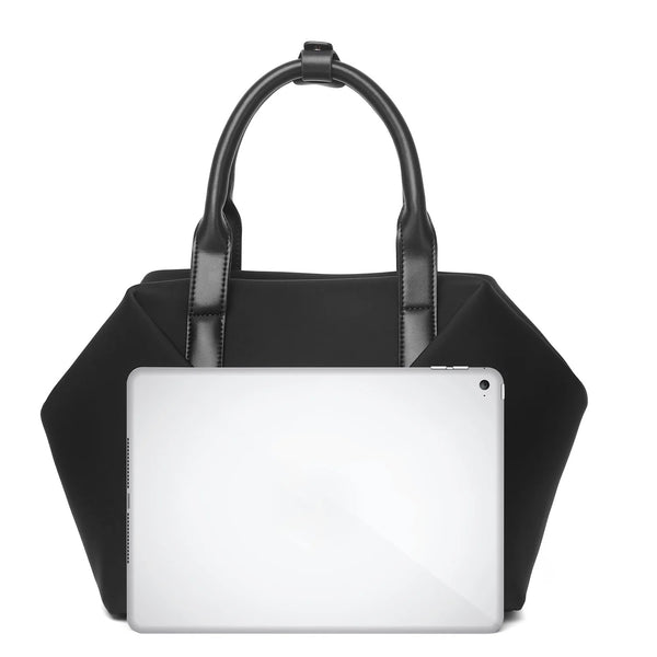 A Mid Origami handbag with specific colors black with gold hardware - Front view with tablet