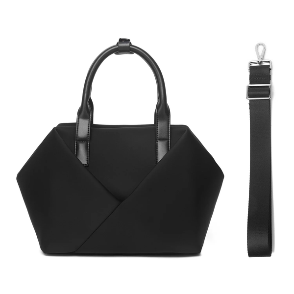 A Mid Origami handbag with specific color black with silver hardware - Front view with stripe