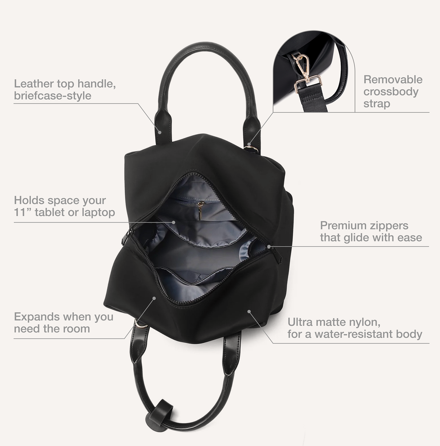 Black backpack with features highlighted on a white background