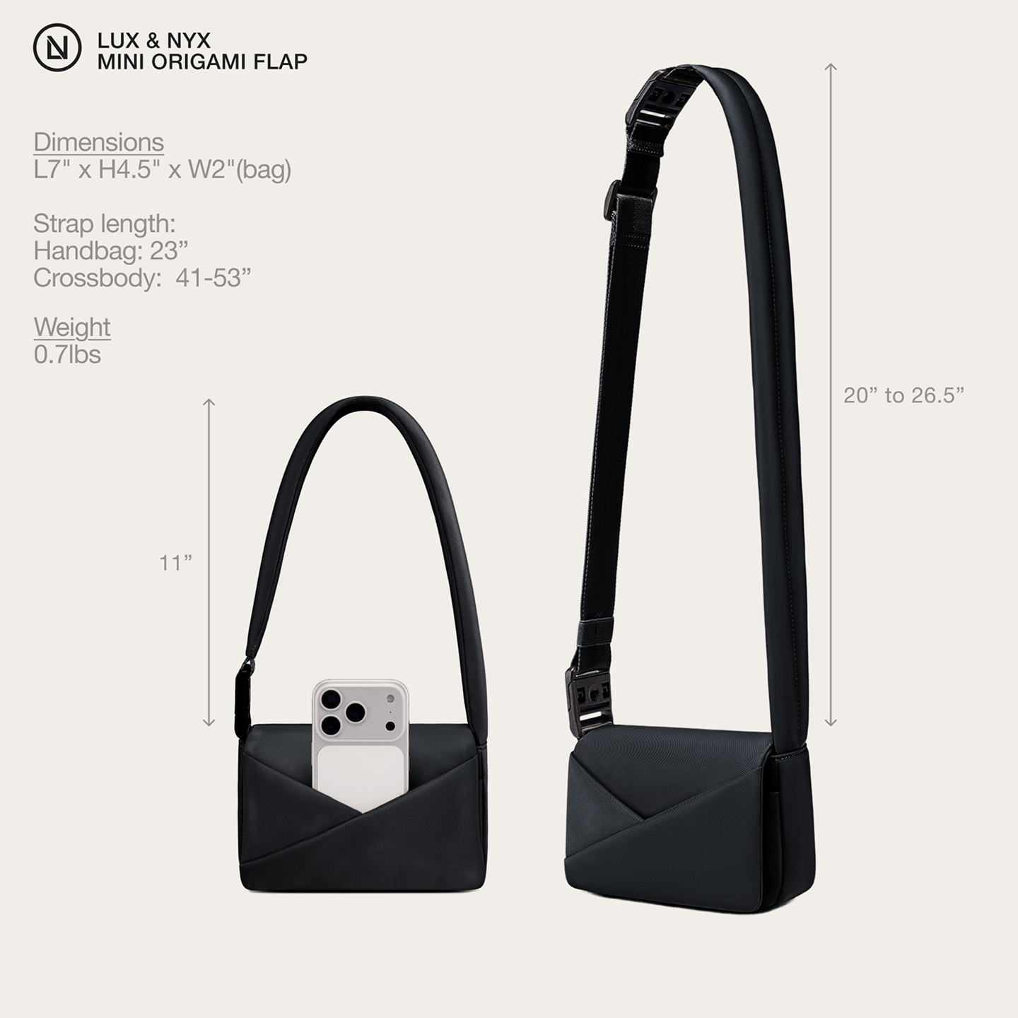 Black mini origami flap bag with dimensions and strap length information on a white background