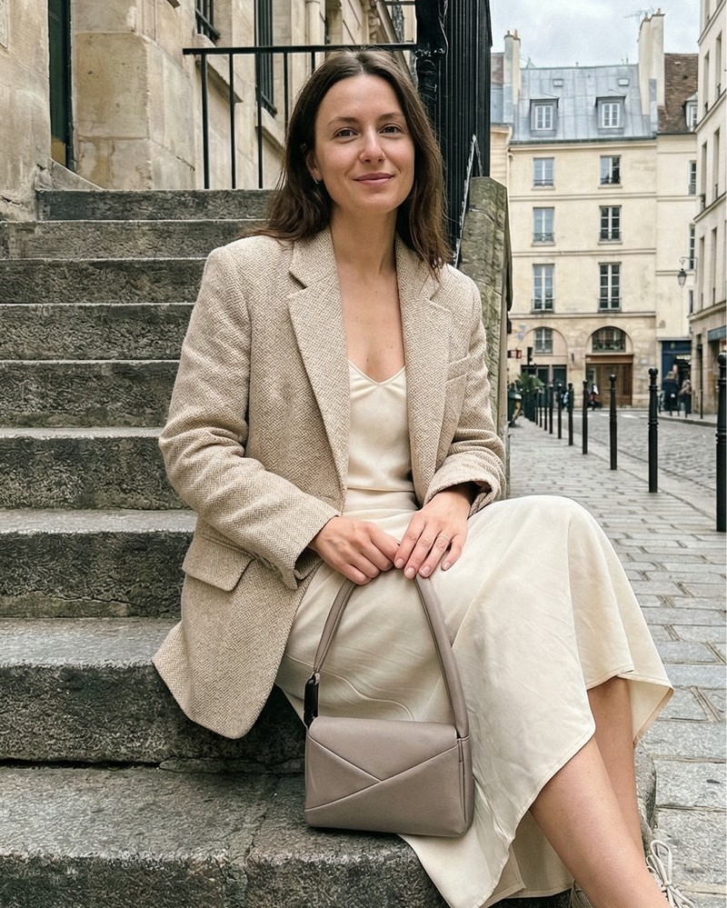 Woman in a beige blazer and dress sitting on steps in an urban setting