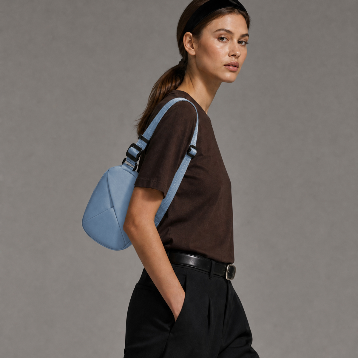 Lux & Nyx Origami Belt Bag and Sling Bag - Cashmere Blue - Modeled