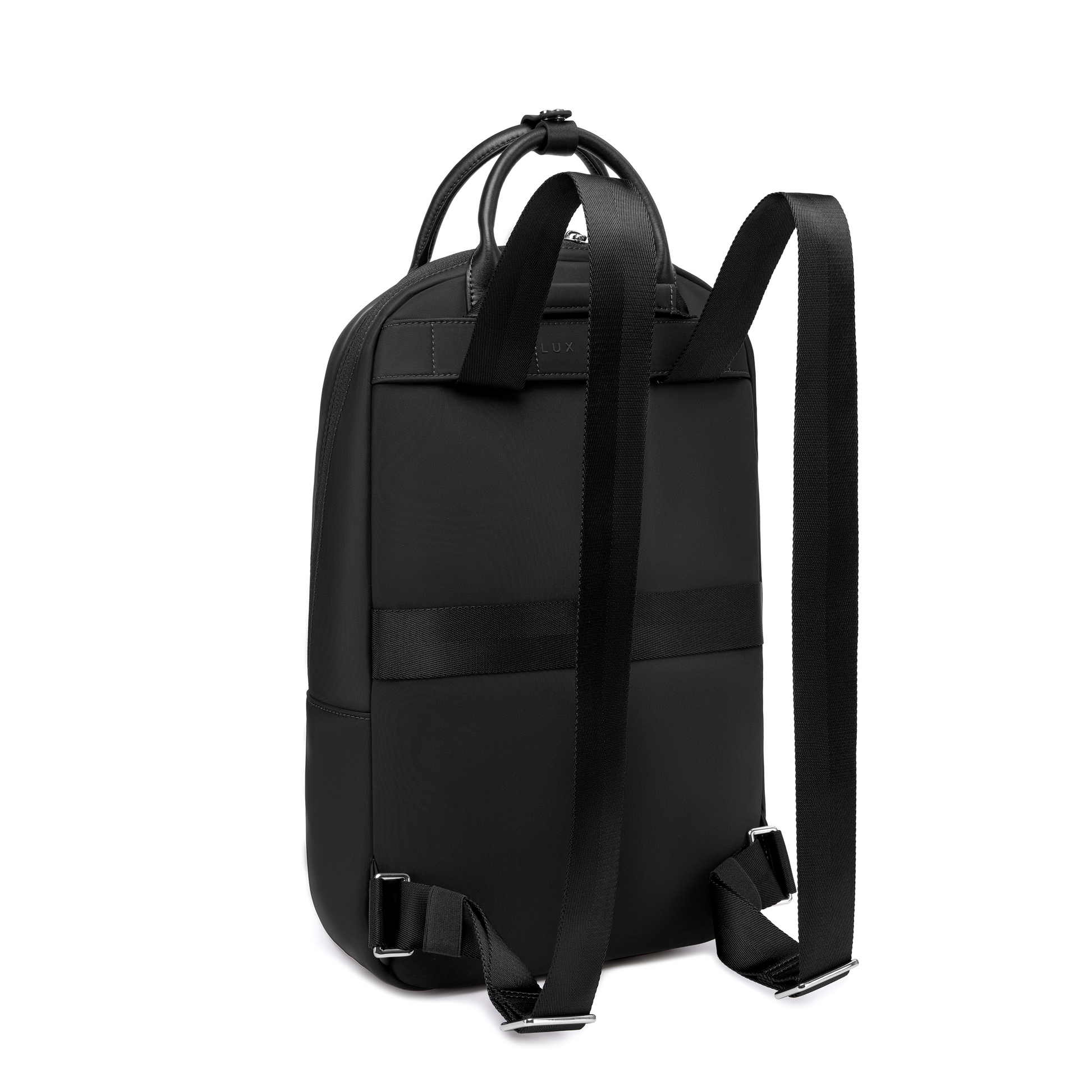 Origami Slim Black Backpack rear view showing padded back panel and adjustable shoulder straps