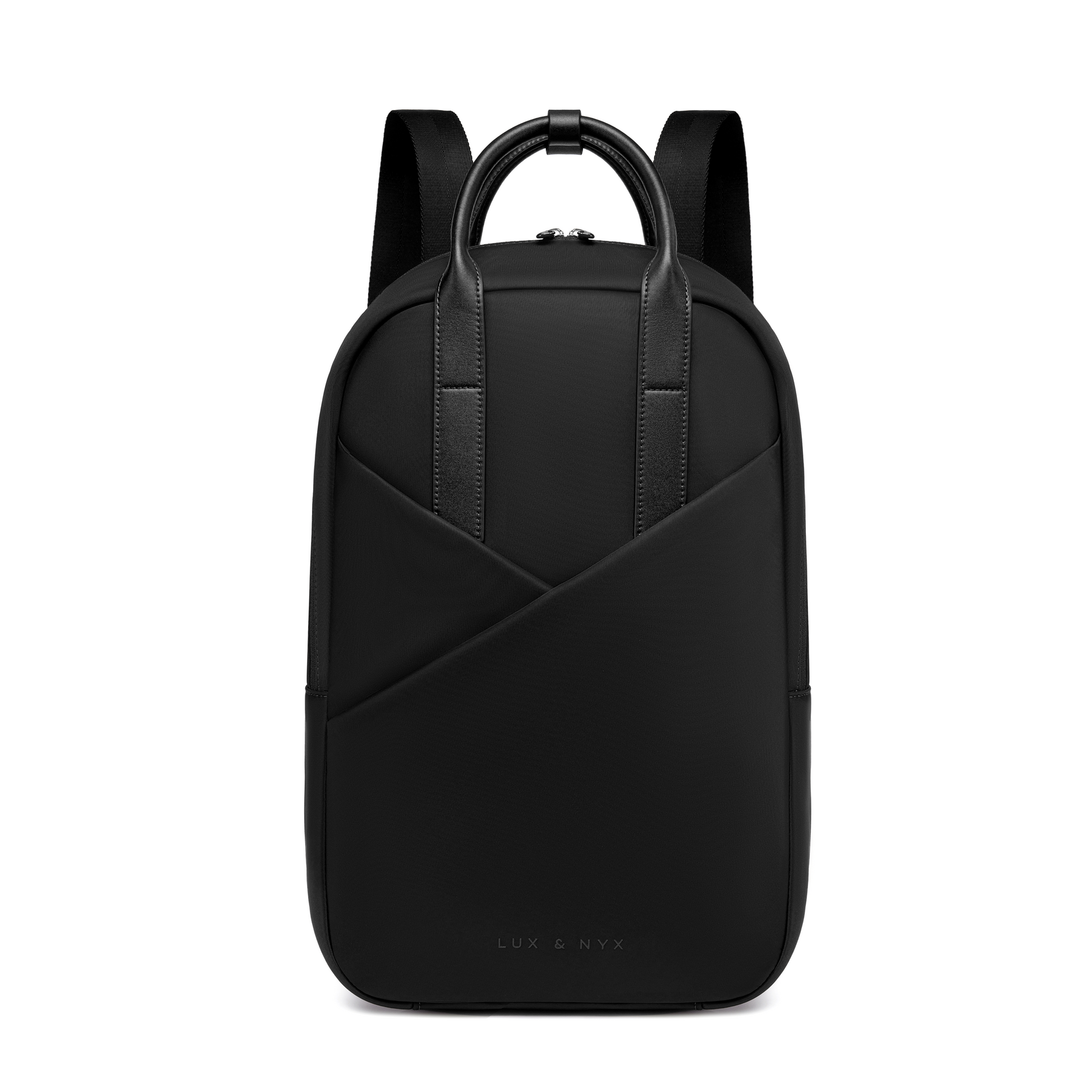 Origami Slim Backpack straight-on front view, black nylon with structured silhouette