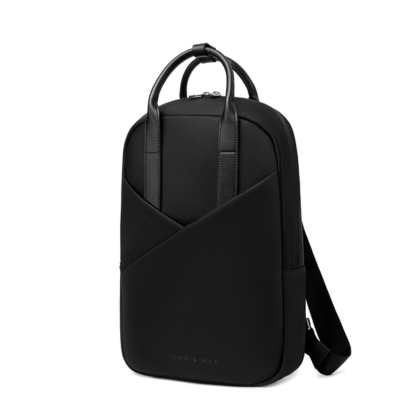 Origami Slim Backpack side profile view showing slim silhouette, black nylon