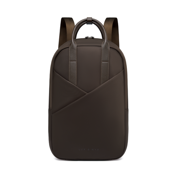 Origami Slim Espresso Backpack straight-on front view, espresso nylon with structured silhouette