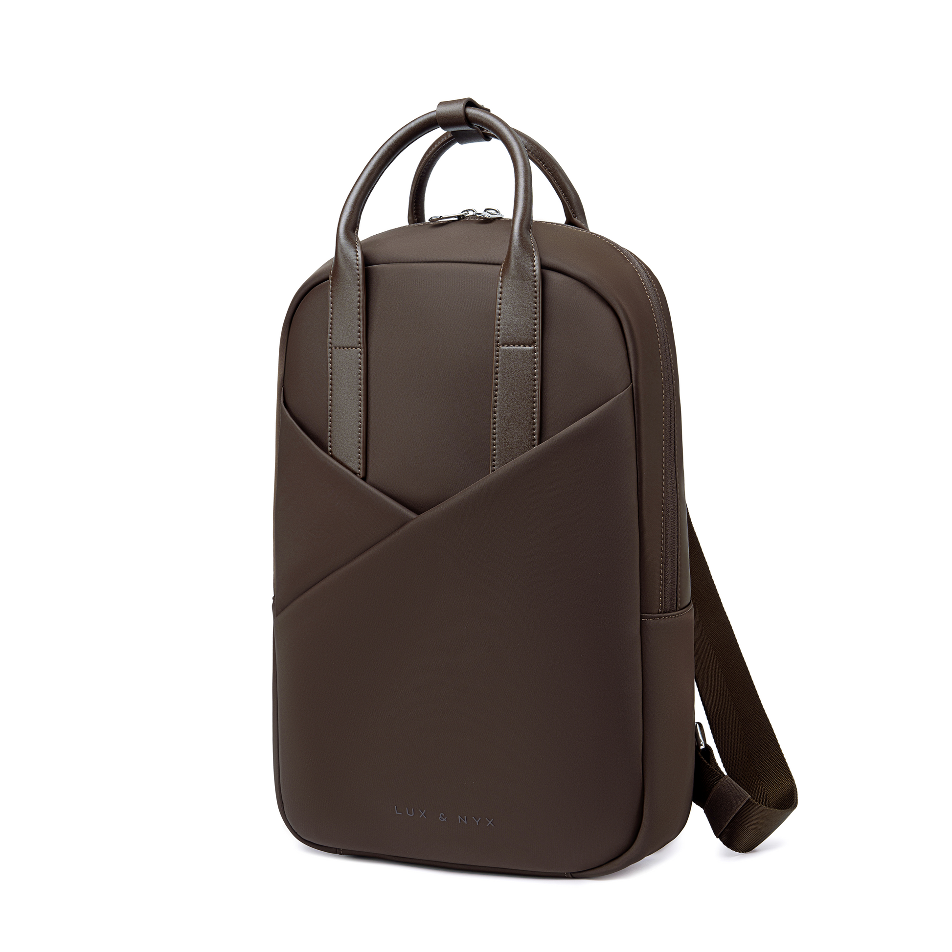 Origami Slim Espresso Backpack side profile view showing slim silhouette, espresso nylon