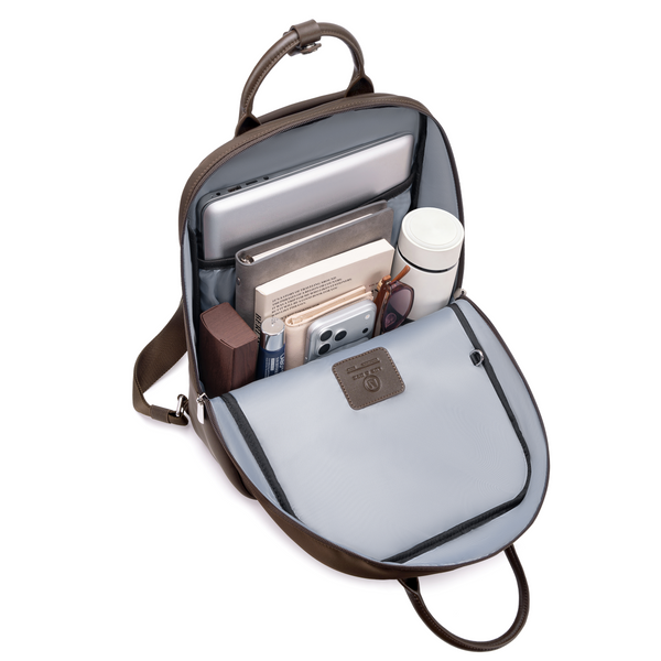 Origami Slim Espresso Backpack open top-down view showing organized interior compartments with phone, cosmetics, and accessories