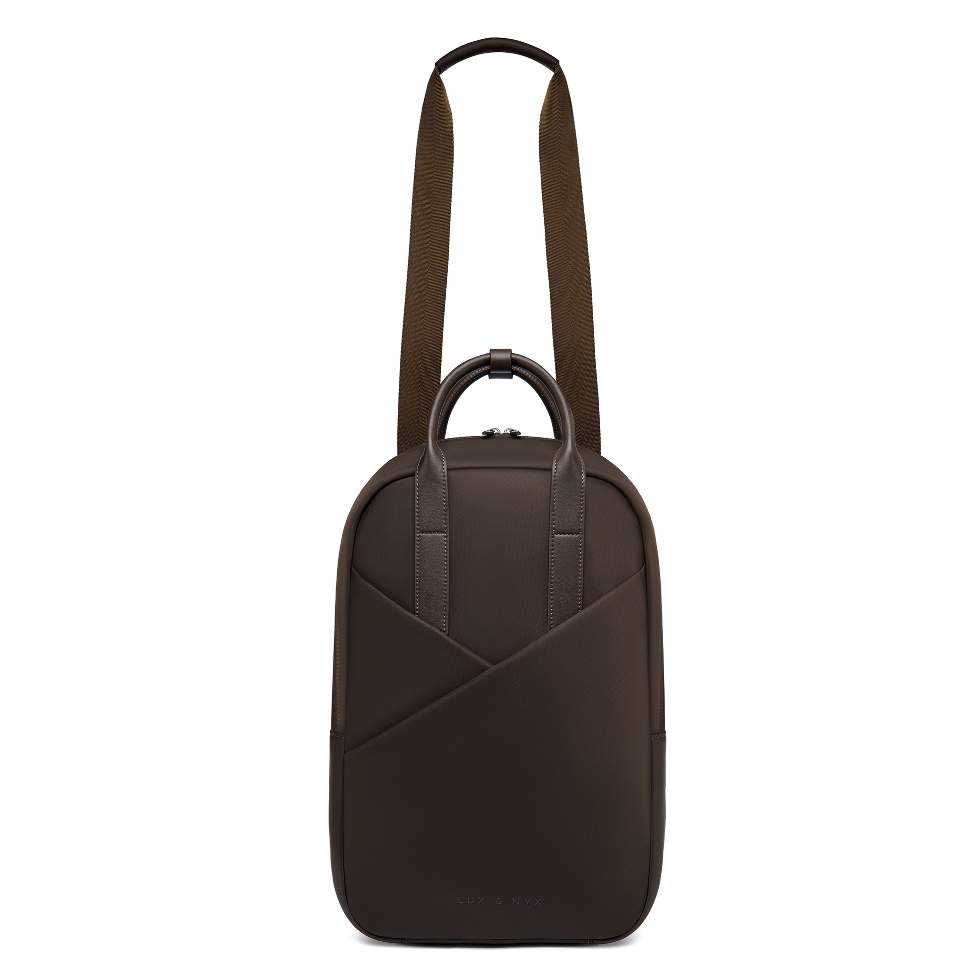 Origami Slim Espresso Backpack worn crossbody style, showing adjustable strap