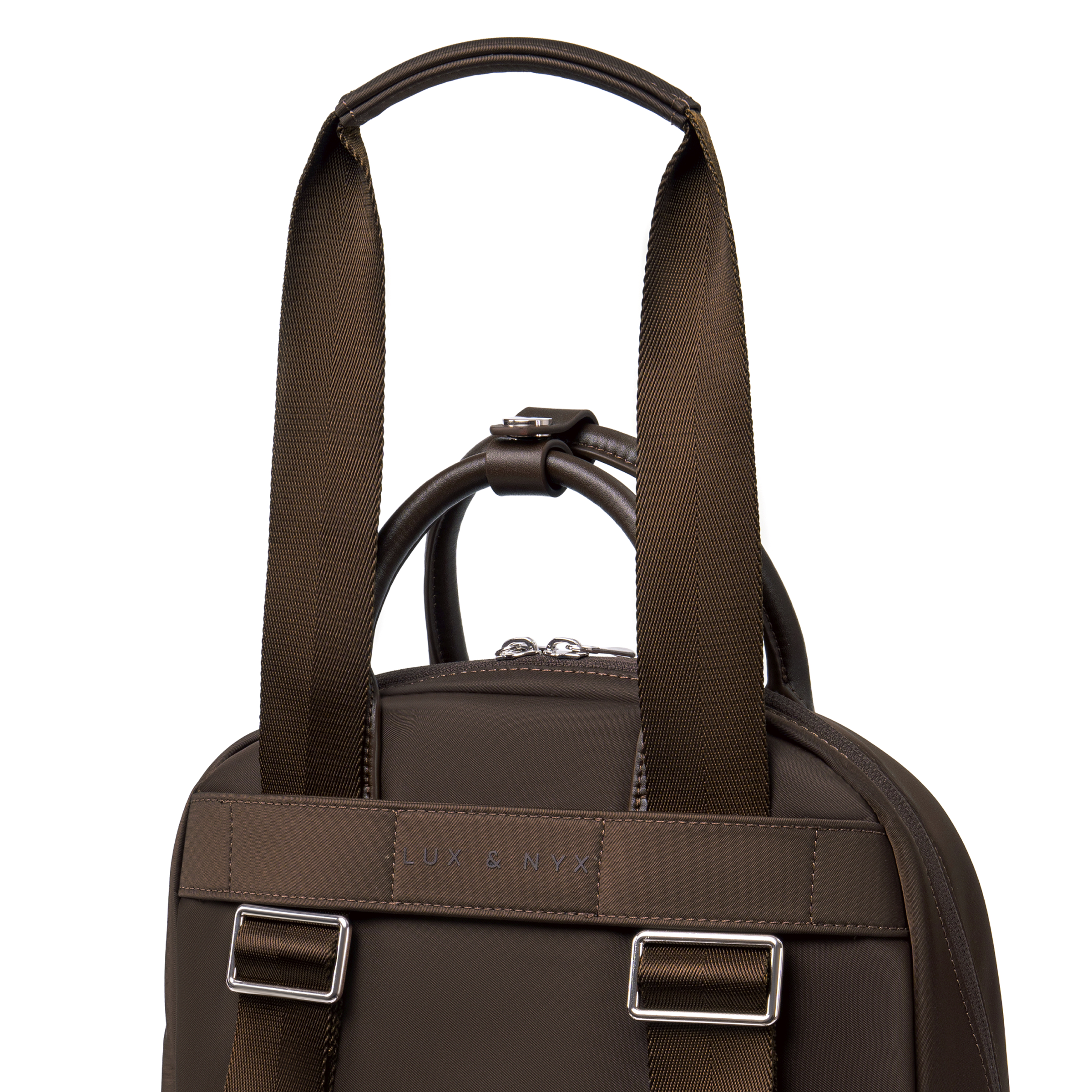 Origami Slim Backpack rear view showing back panel, straps, and top handle hardware detail
